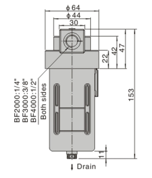 Dimensions AirTAC - F ตัวกรองลมดักน้ำ รุ่น AF, BF Series