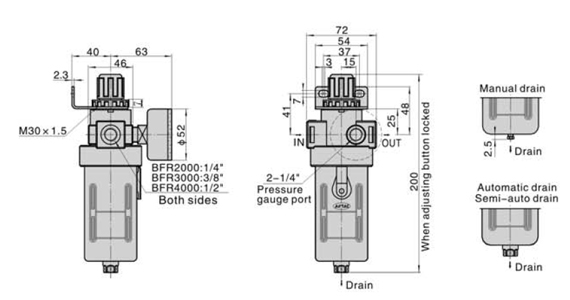 Dimensions AirTAC - FR ตัวกรองลมดักน้ำ และตัวปรับแรงดันลม รุ่น AFR, BFR Series